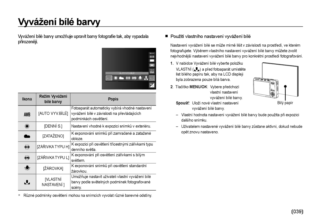 Samsung EC-I85ZZBBA/E3, EC-I85ZZSBA/E3 manual Vyvážení bílé barvy, 039,  Použití vlastního nastavení vyvážení bílé 