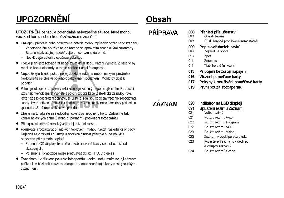 Samsung EC-I85ZZSBA/E3, EC-I85ZZBBA/E3, EC-I85ZZRBA/DE manual Obsah, 004 