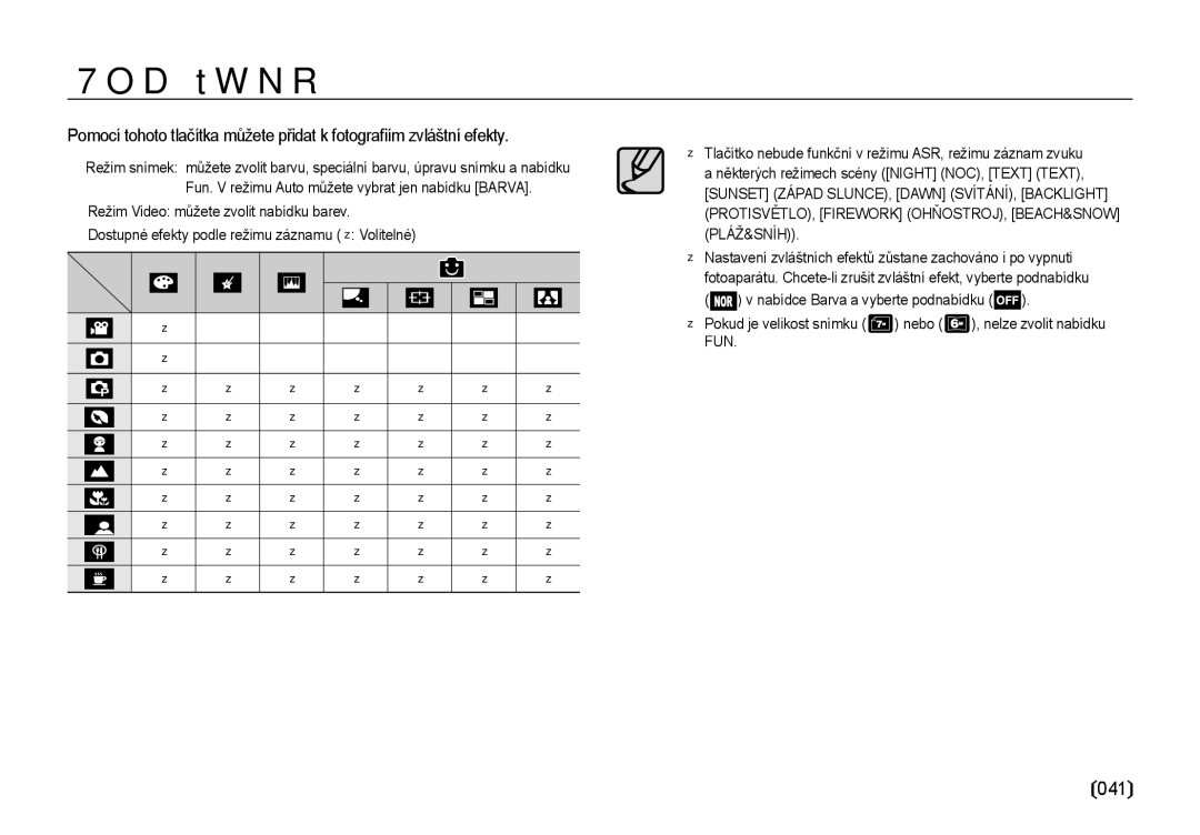 Samsung EC-I85ZZRBA/DE, EC-I85ZZBBA/E3 Tlačítko E Efekt, 041,  Pokud je velikost snímku nebo , nelze zvolit nabídku FUN 