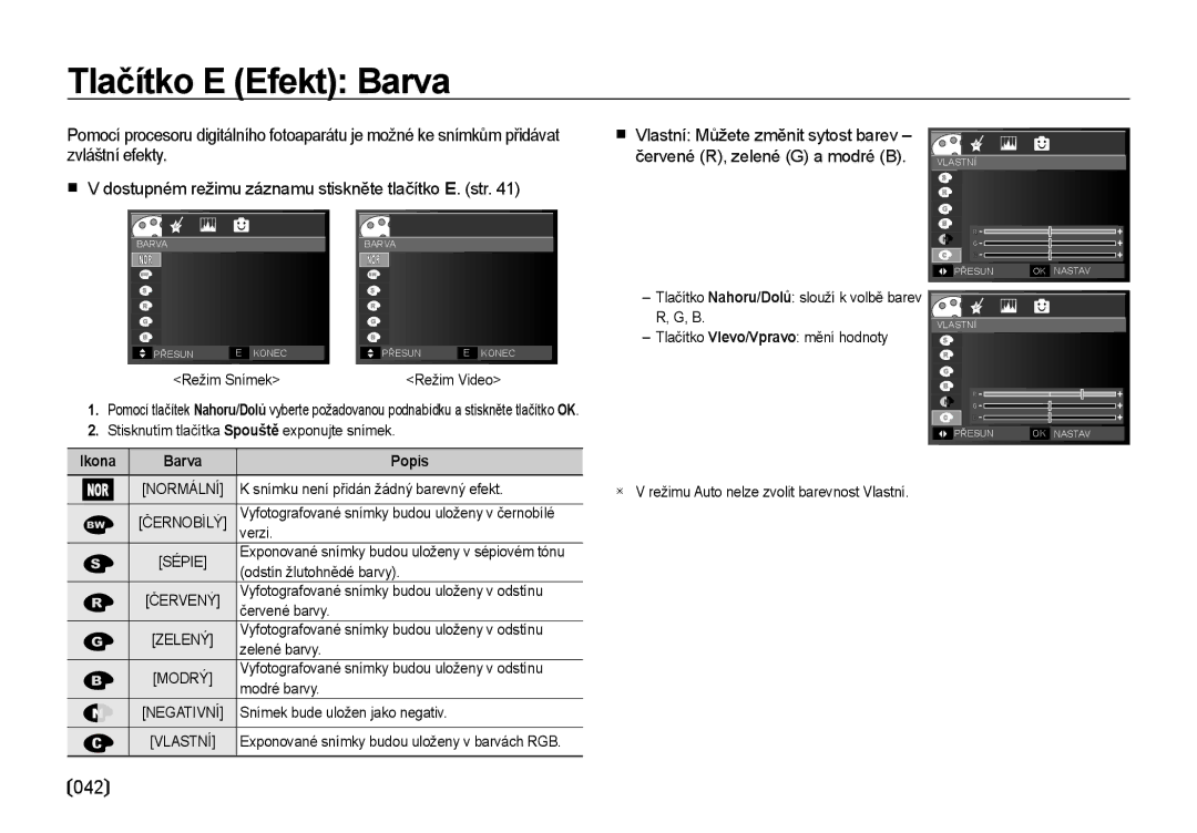 Samsung EC-I85ZZBBA/E3 manual Tlačítko E Efekt Barva, 042, Ikona Barva, Černobílý Sépie Červený Zelený Modrý, Vlastní 