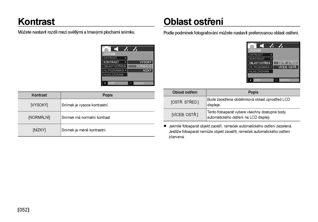 Samsung EC-I85ZZSBA/E3, EC-I85ZZBBA/E3, EC-I85ZZRBA/DE manual Kontrast, Oblast ostření, 052 
