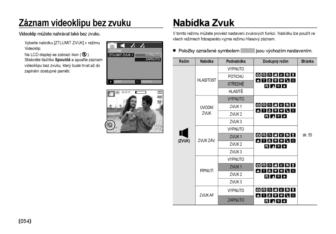 Samsung EC-I85ZZBBA/E3, EC-I85ZZSBA/E3, EC-I85ZZRBA/DE manual Záznam videoklipu bez zvuku, Nabídka Zvuk, 054, Režim Nabídka 