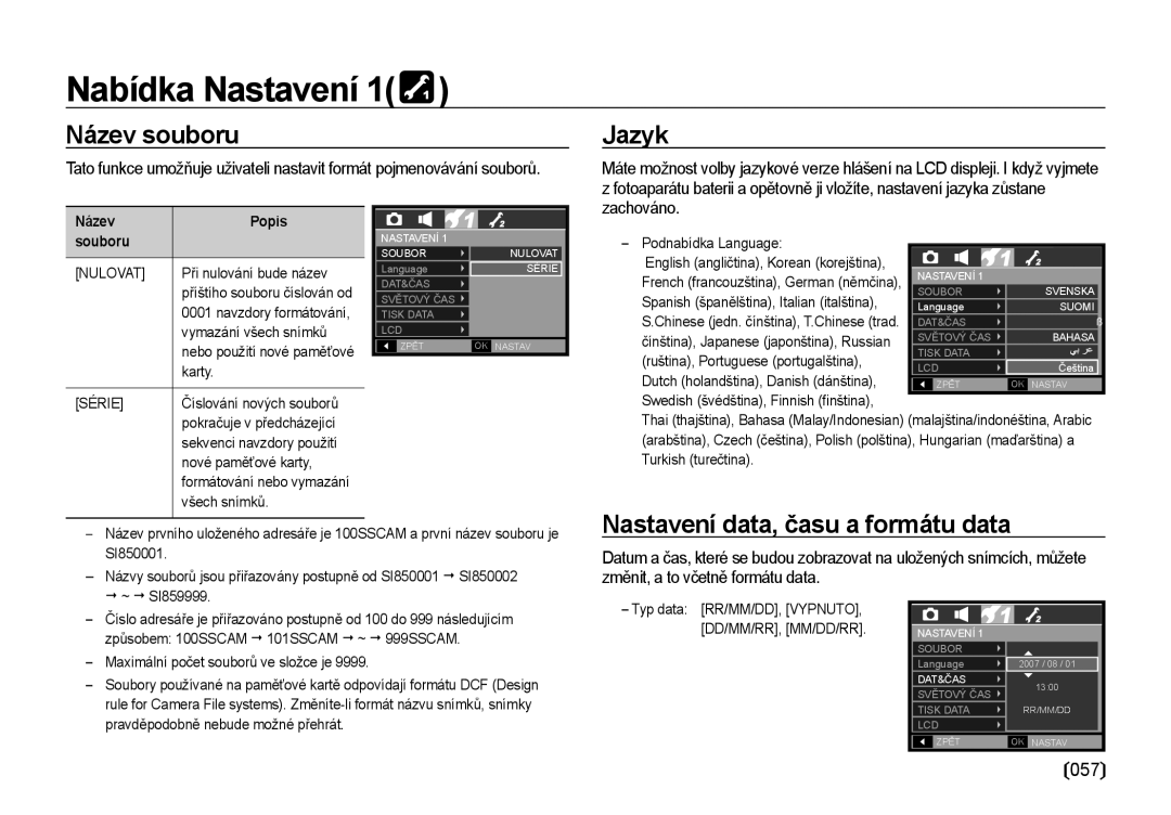 Samsung EC-I85ZZBBA/E3, EC-I85ZZSBA/E3 Název souboru, Jazyk, Nastavení data, času a formátu data, 057, Název Popis Souboru 