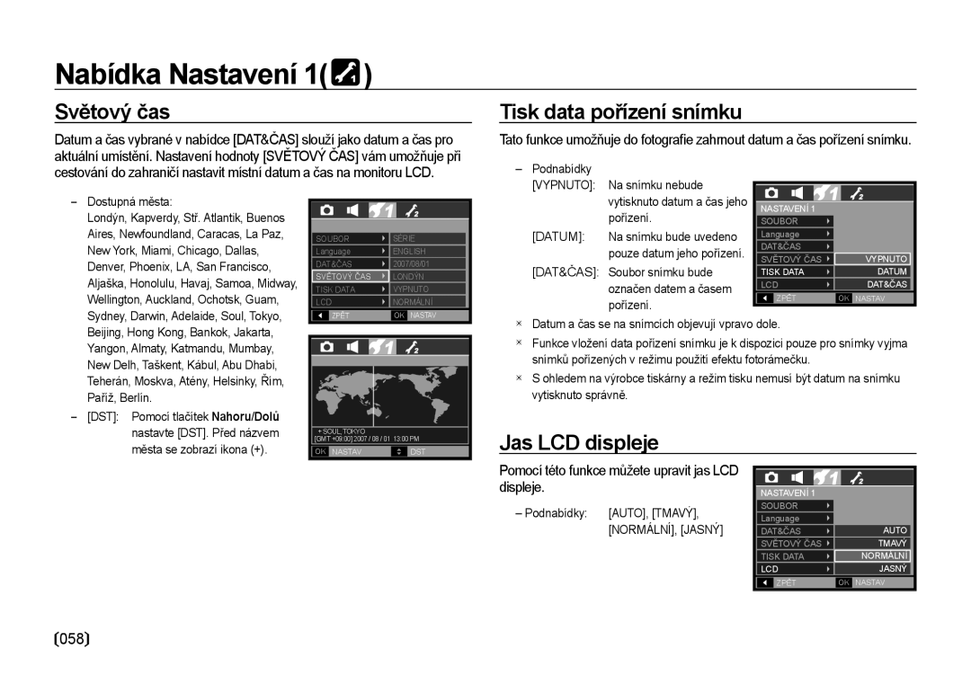 Samsung EC-I85ZZSBA/E3, EC-I85ZZBBA/E3, EC-I85ZZRBA/DE manual Světový čas, Tisk data pořízení snímku, Jas LCD displeje, 058 