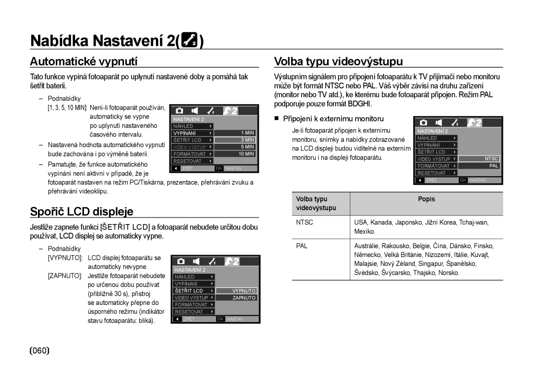 Samsung EC-I85ZZBBA/E3, EC-I85ZZSBA/E3 manual Automatické vypnutí, Volba typu videovýstupu, Spořič LCD displeje, 060 