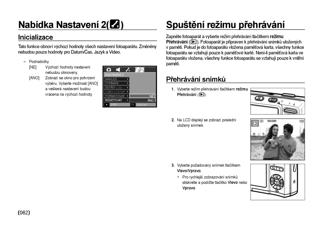 Samsung EC-I85ZZRBA/DE, EC-I85ZZBBA/E3 manual Spuštění režimu přehrávání, Inicializace, Přehrávání snímků, 062, Paměti 