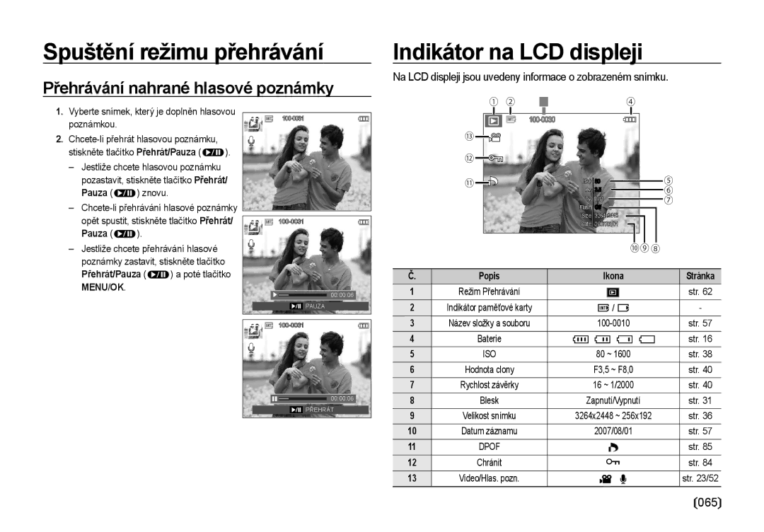 Samsung EC-I85ZZRBA/DE, EC-I85ZZBBA/E3, EC-I85ZZSBA/E3 manual Přehrávání nahrané hlasové poznámky, 065 