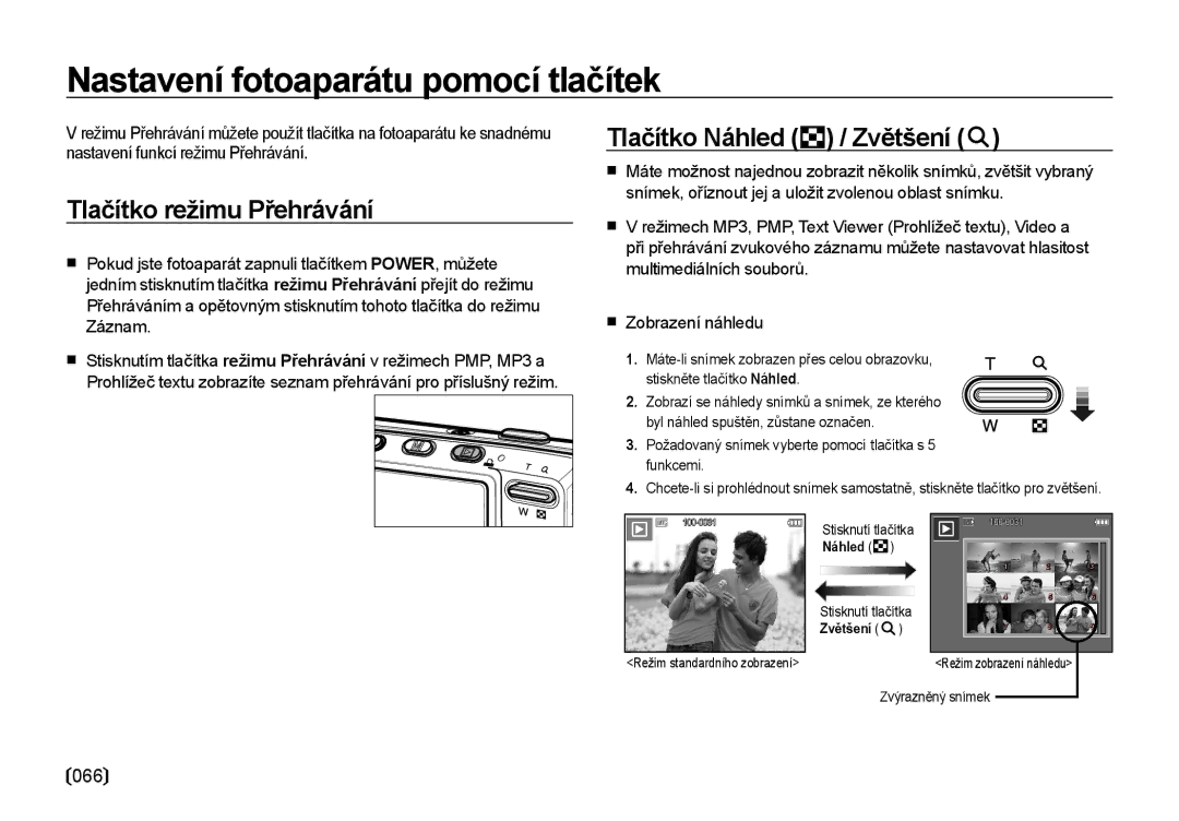 Samsung EC-I85ZZBBA/E3 Nastavení fotoaparátu pomocí tlačítek, Tlačítko režimu Přehrávání, Tlačítko Náhled / Zvětšení, 066 