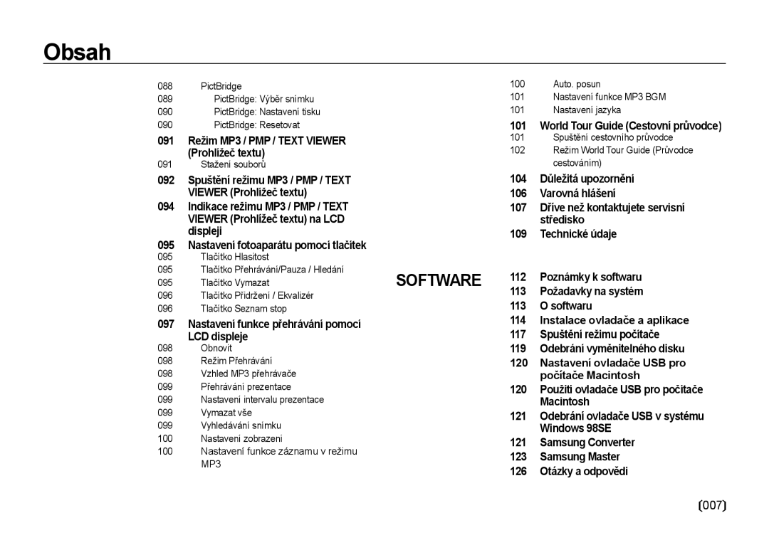 Samsung EC-I85ZZSBA/E3 007, PictBridge Resetovat, 092 Spuštění režimu MP3 / PMP / Text Viewer Prohlížeč textu, Obnovit 