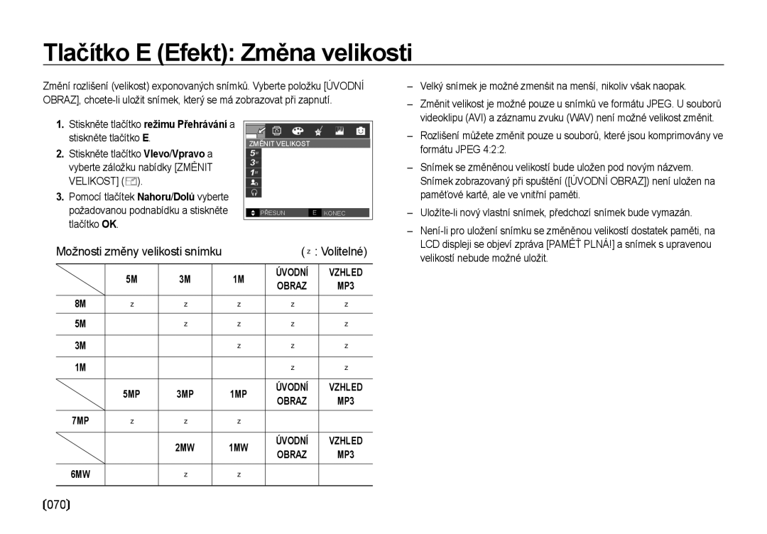 Samsung EC-I85ZZSBA/E3, EC-I85ZZBBA/E3, EC-I85ZZRBA/DE manual Tlačítko E Efekt Změna velikosti, 070,  Volitelné 