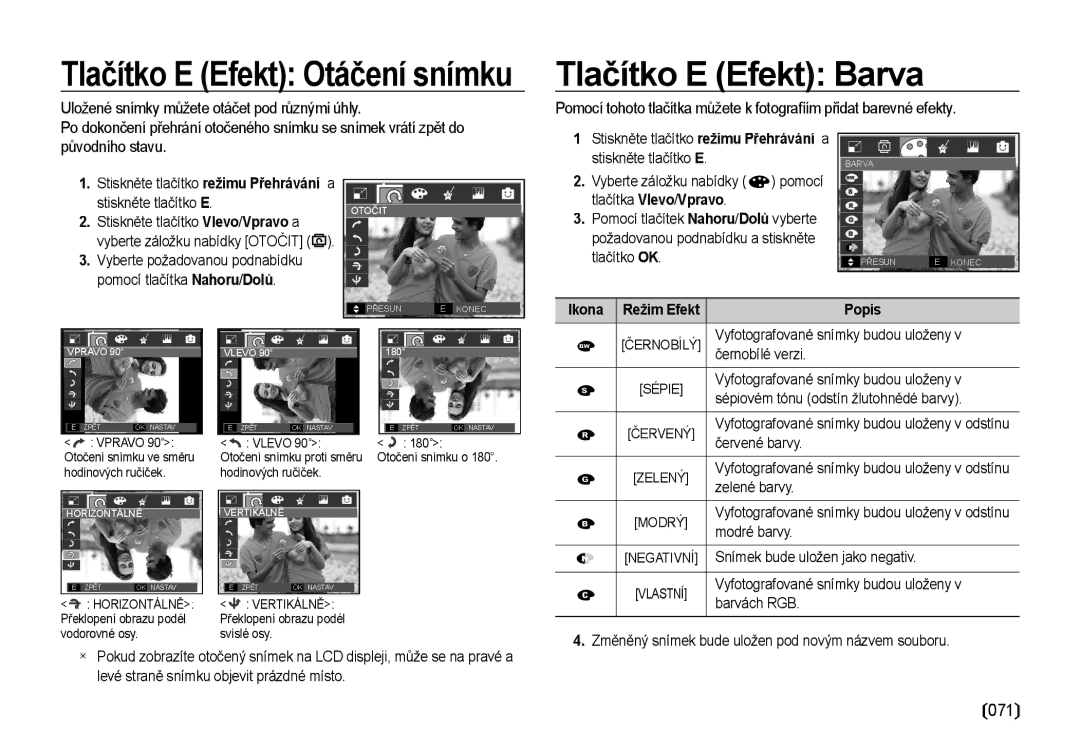 Samsung EC-I85ZZRBA/DE manual Tlačítko E Efekt Barva, 071, Uložené snímky můžete otáčet pod různými úhly, Ikona Režim Efekt 