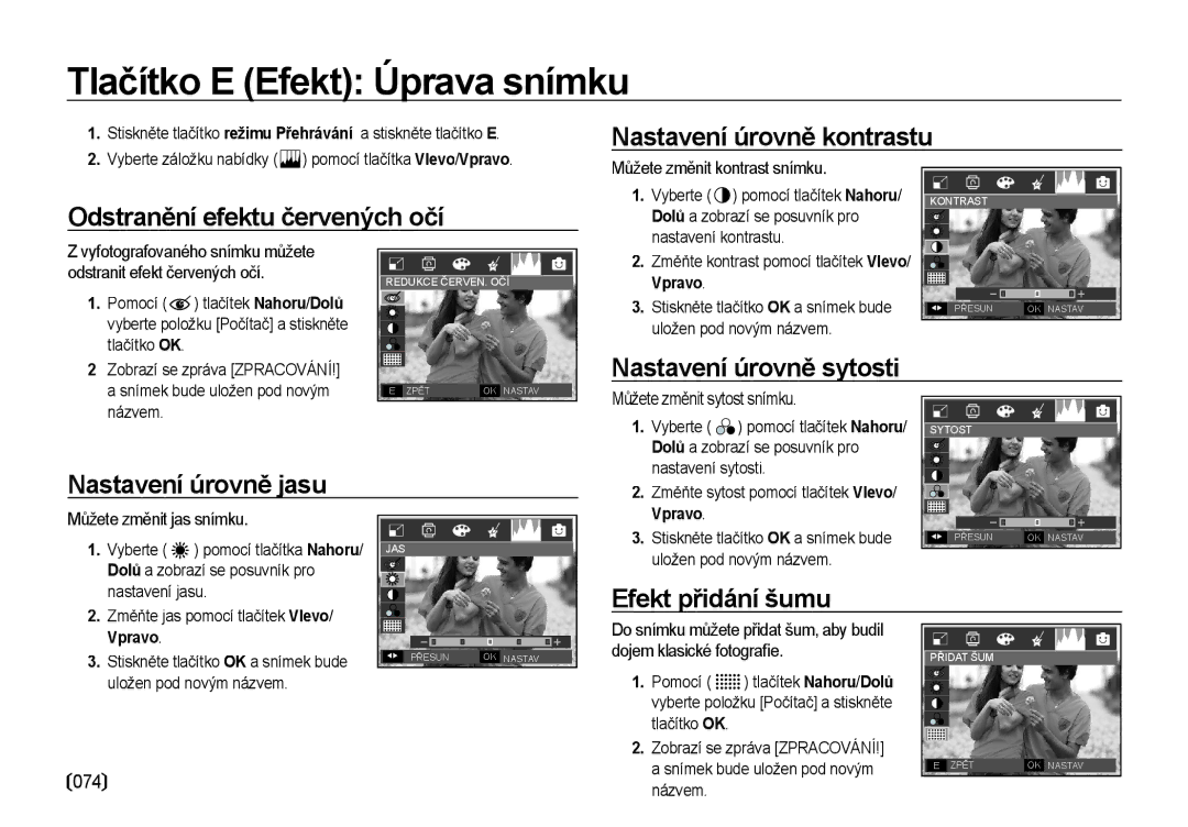 Samsung EC-I85ZZRBA/DE manual Tlačítko E Efekt Úprava snímku, Nastavení úrovně kontrastu Odstranění efektu červených očí 