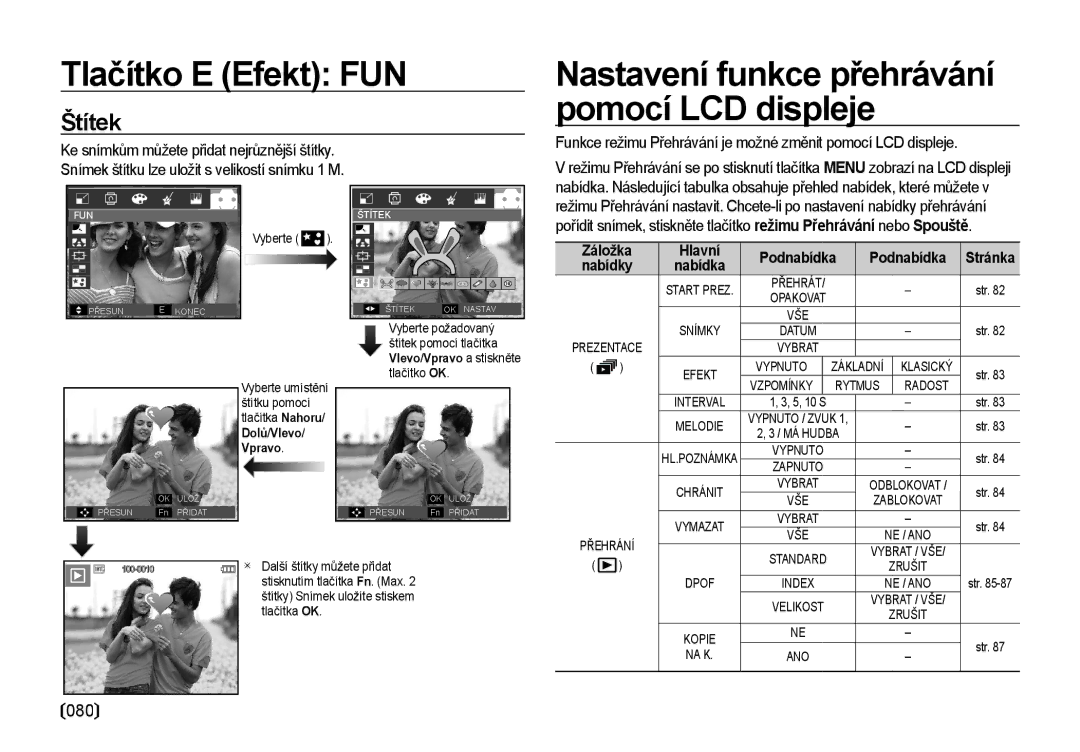 Samsung EC-I85ZZRBA/DE manual Nastavení funkce přehrávání pomocí LCD displeje, Štítek, 080, Záložka Nabídky, Hlavní Nabídka 