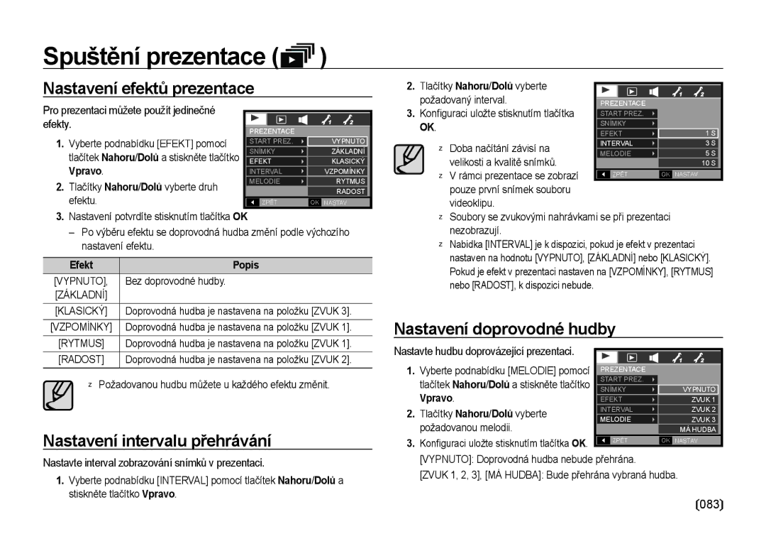 Samsung EC-I85ZZRBA/DE, EC-I85ZZBBA/E3, EC-I85ZZSBA/E3 manual Nastavení doprovodné hudby, Nastavení intervalu přehrávání, 083 