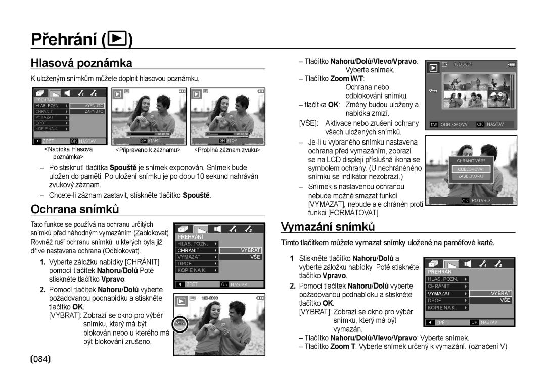 Samsung EC-I85ZZBBA/E3, EC-I85ZZSBA/E3, EC-I85ZZRBA/DE Přehrání, Hlasová poznámka, Ochrana snímků, Vymazání snímků, 084 