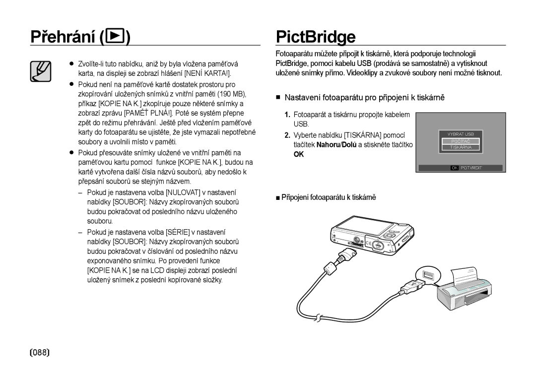 Samsung EC-I85ZZSBA/E3 PictBridge,  Nastavení fotoaparátu pro připojení k tiskárně, 088, Připojení fotoaparátu k tiskárně 