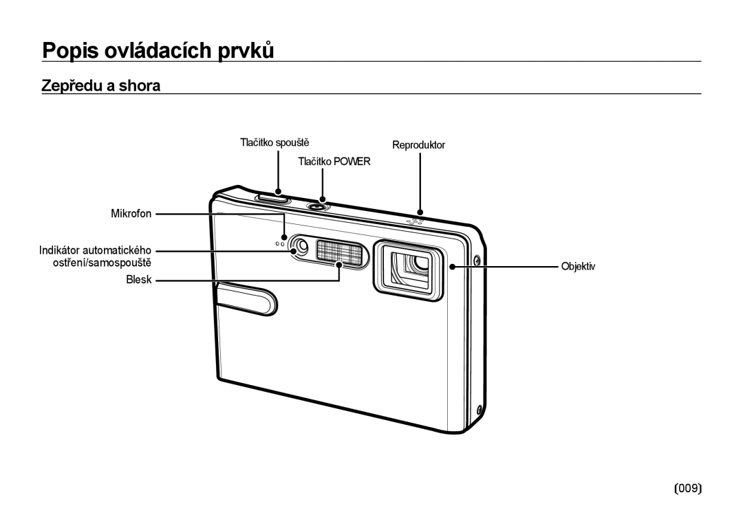 Samsung EC-I85ZZBBA/E3, EC-I85ZZSBA/E3 Popis ovládacích prvků, Zepředu a shora, Mikrofon, Ostření/samospouště, Blesk 009 