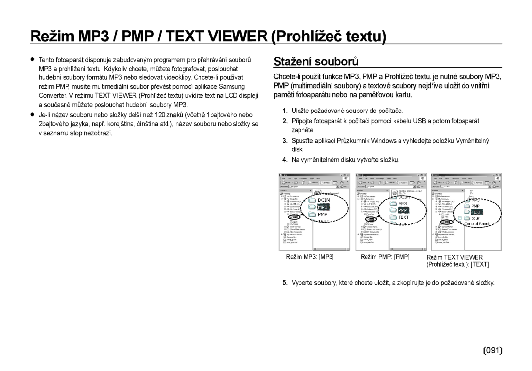 Samsung EC-I85ZZSBA/E3, EC-I85ZZBBA/E3, EC-I85ZZRBA/DE Režim MP3 / PMP / Text Viewer Prohlížeč textu, Stažení souborů, 091 