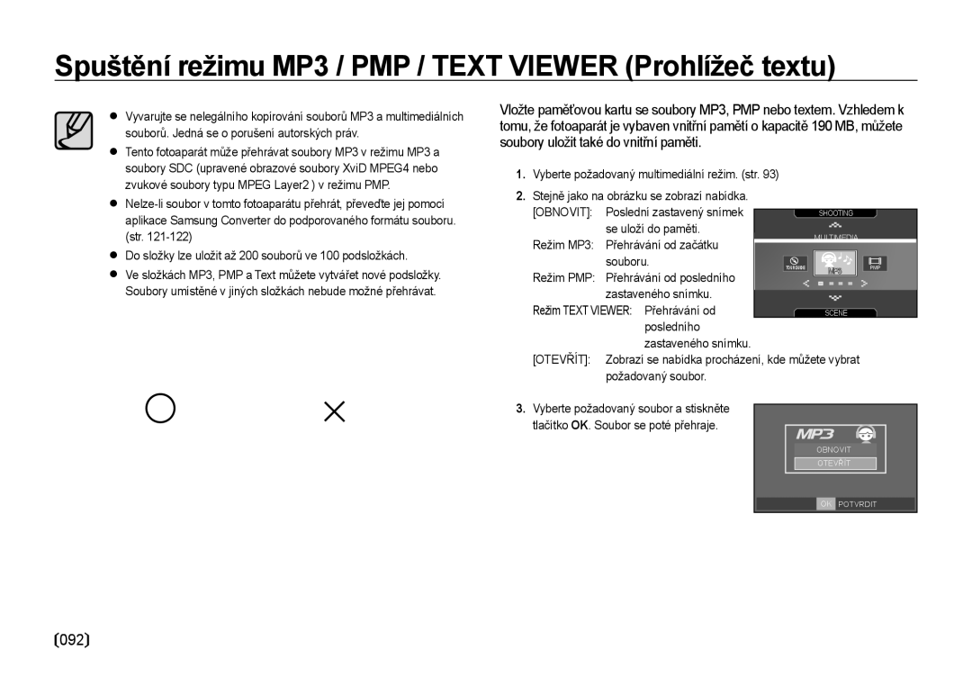 Samsung EC-I85ZZRBA/DE, EC-I85ZZBBA/E3, EC-I85ZZSBA/E3 manual Spuštění režimu MP3 / PMP / Text Viewer Prohlížeč textu, 092 