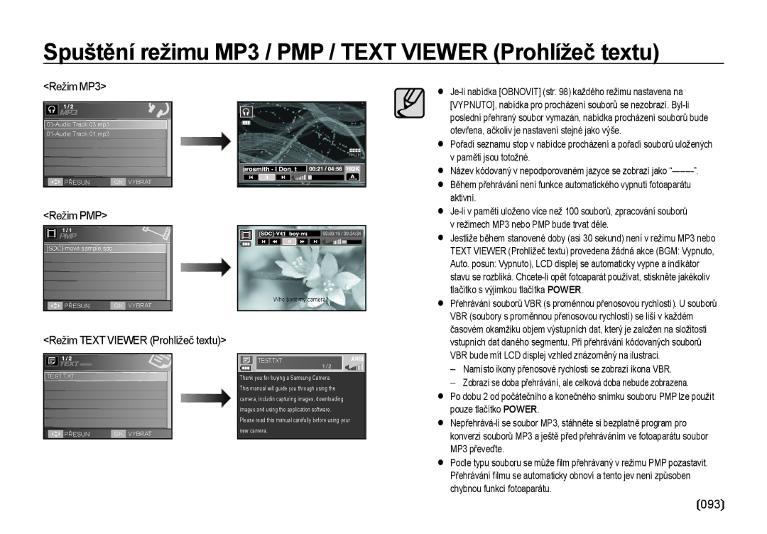 Samsung EC-I85ZZBBA/E3, EC-I85ZZSBA/E3, EC-I85ZZRBA/DE manual 093, Režim MP3, Režim PMP 