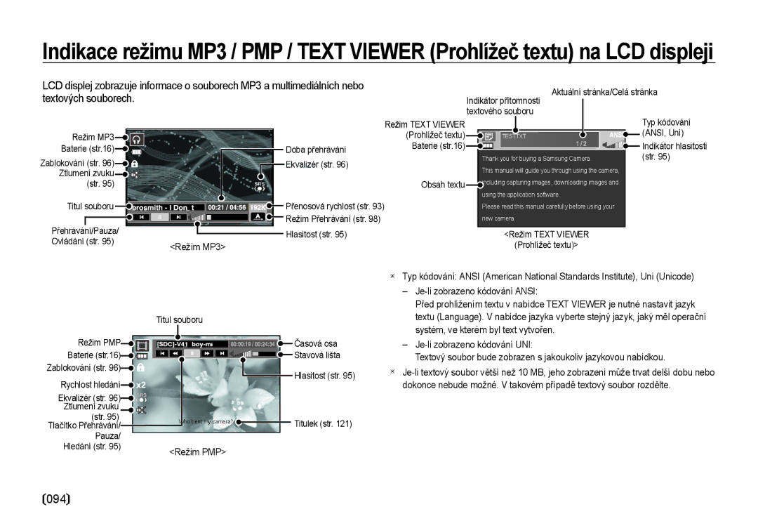 Samsung EC-I85ZZSBA/E3, EC-I85ZZBBA/E3 094, Režim MP3, Je-li zobrazeno kódování Ansi, Systém, ve kterém byl text vytvořen 