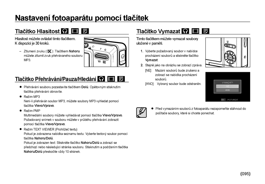 Samsung EC-I85ZZRBA/DE, EC-I85ZZBBA/E3 manual Tlačítko Hlasitost, Tlačítko Přehrávání/Pauza/Hledání, Tlačítko Vymazat, 095 