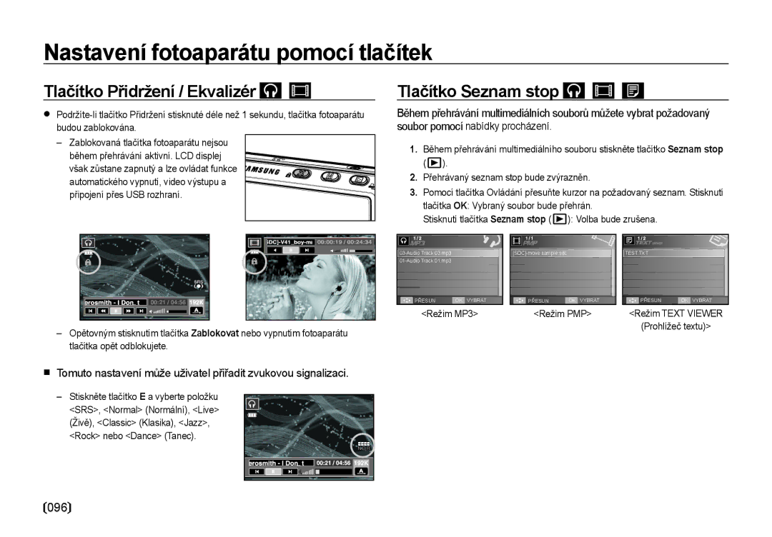 Samsung EC-I85ZZBBA/E3 manual Tlačítko Přidržení / Ekvalizér, Tlačítko Seznam stop, 096, Režim PMP, Prohlížeč textu 