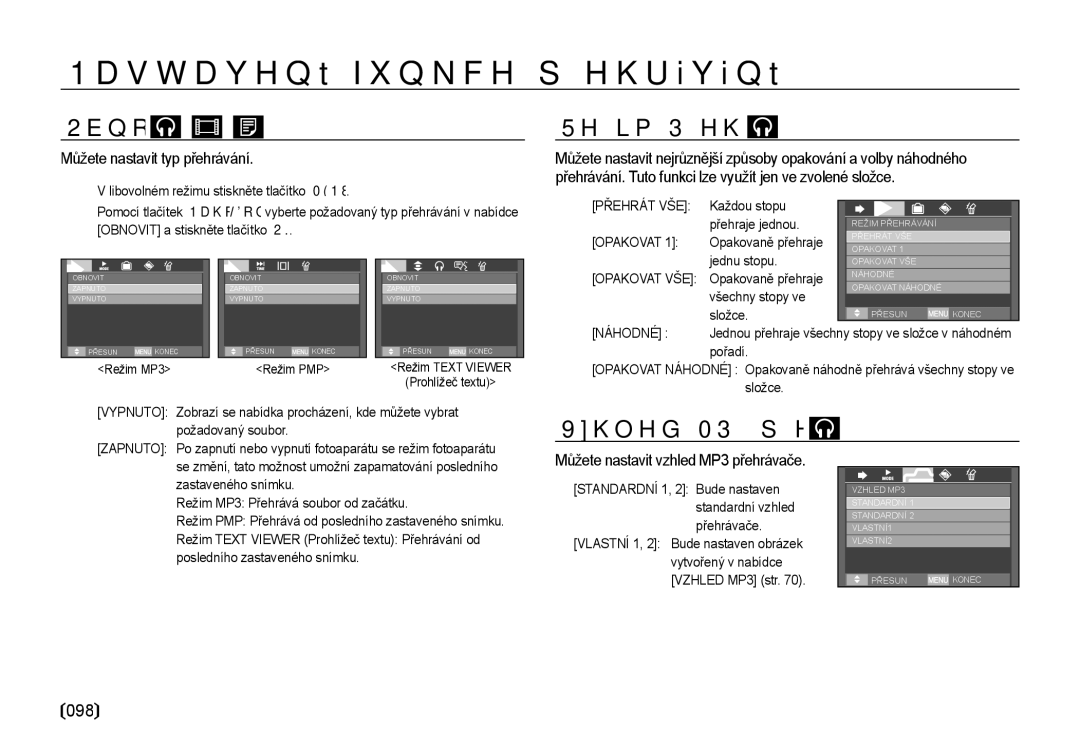 Samsung EC-I85ZZRBA/DE, EC-I85ZZBBA/E3, EC-I85ZZSBA/E3 manual Obnovit, Režim Přehrávání, Vzhled MP3 přehrávače, 098 