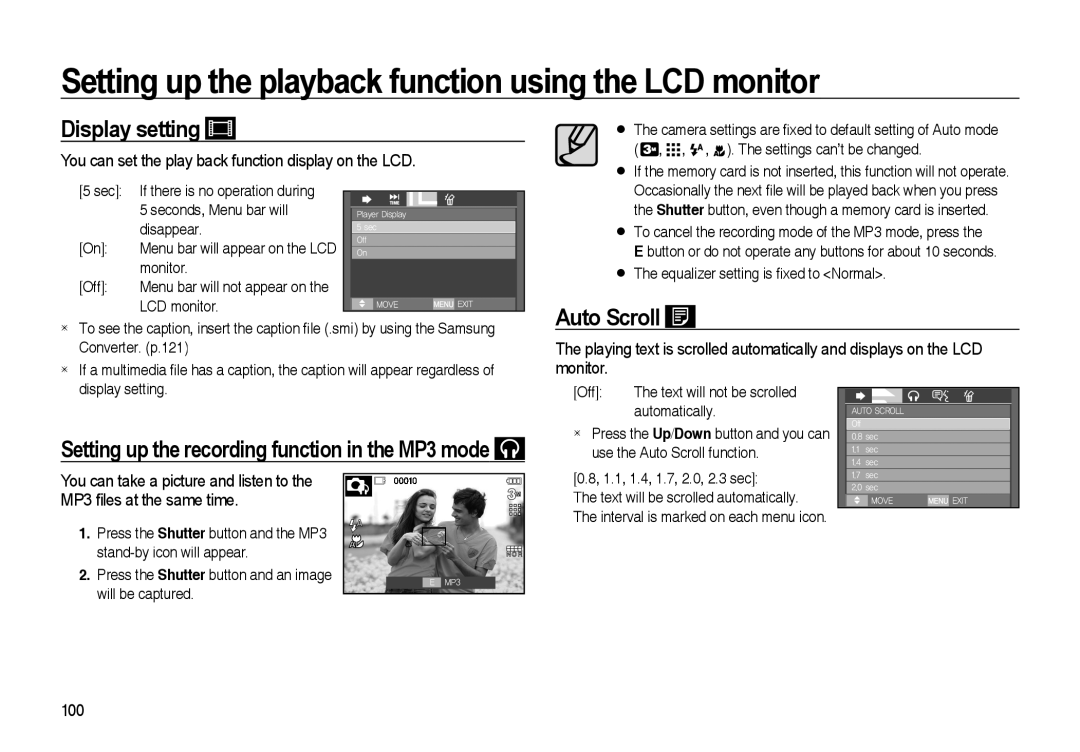 Samsung EC-I85ZZGBA/E3, EC-I85ZZRBA/E2 Display setting, Auto Scroll, You can set the play back function display on the LCD 