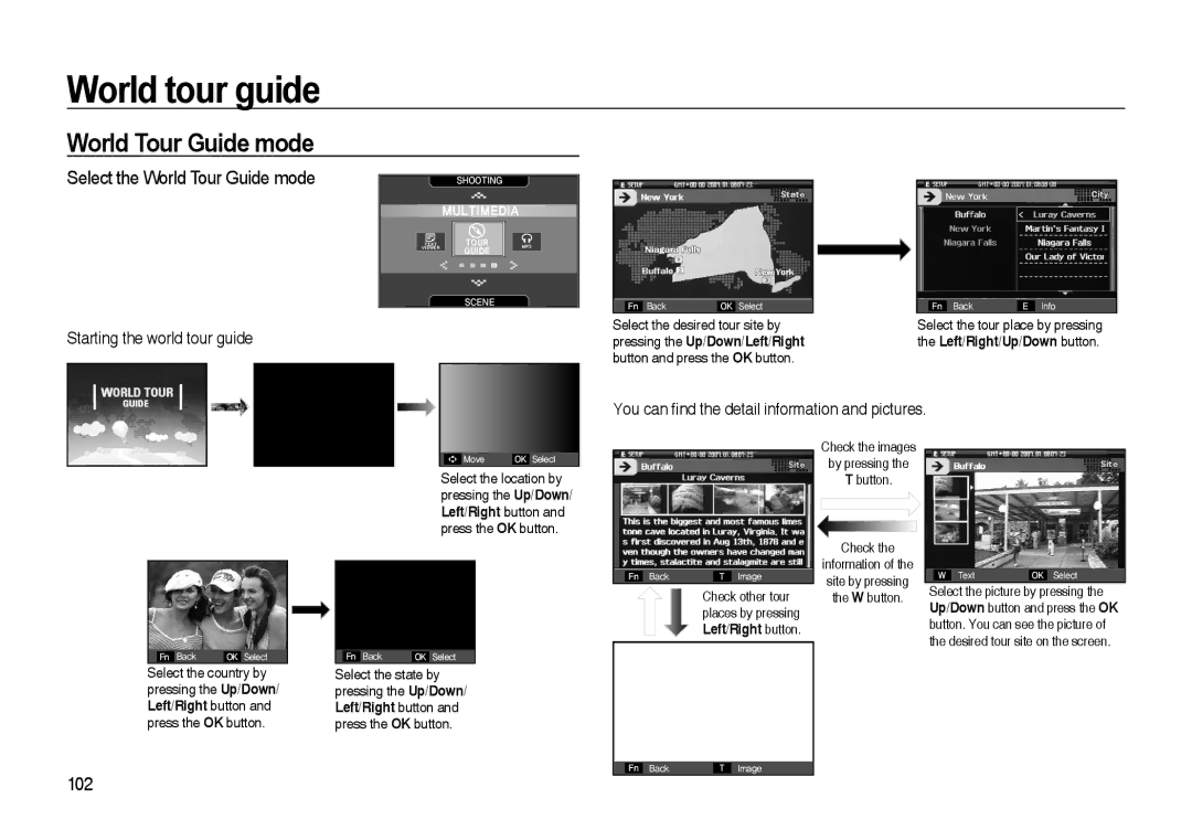 Samsung EC-I85ZZSBA/E2, EC-I85ZZRBA/E2, EC-I85ZZGBA/E2 Select the World Tour Guide mode, Starting the world tour guide 