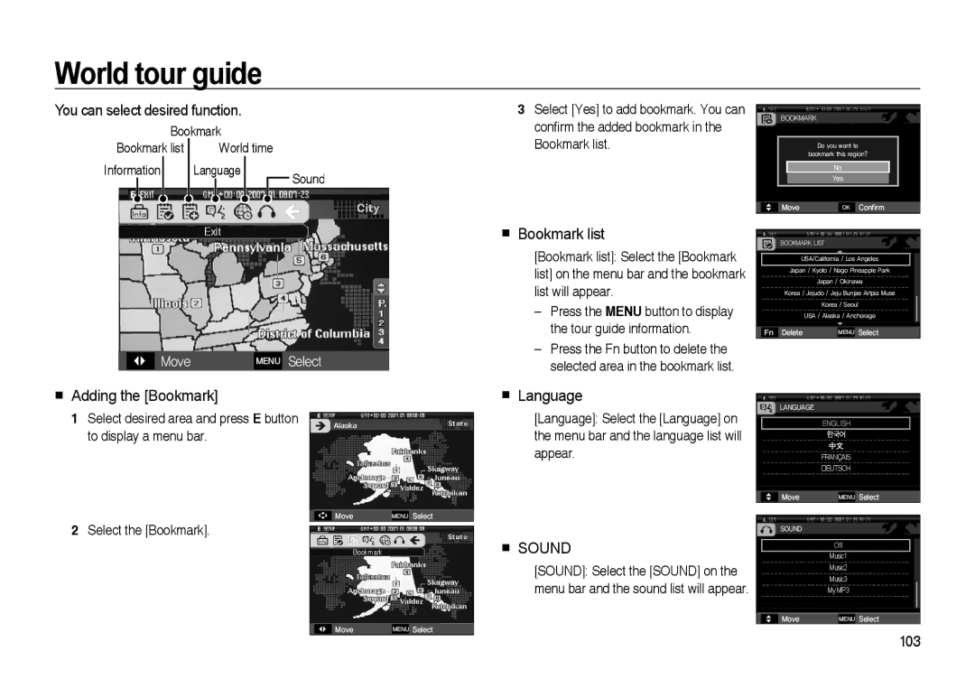 Samsung EC-I85ZZRBA/E3 manual You can select desired function,  Adding the Bookmark,  Language, Select the Bookmark 