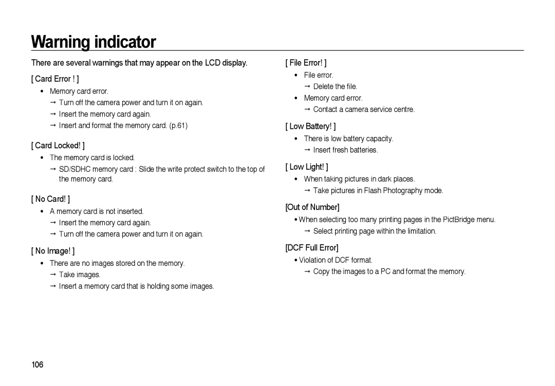 Samsung EC-I85ZZSBA/E3 manual Card Error, Card Locked, No Card, No Image, File Error, Low Battery, Low Light, Out of Number 