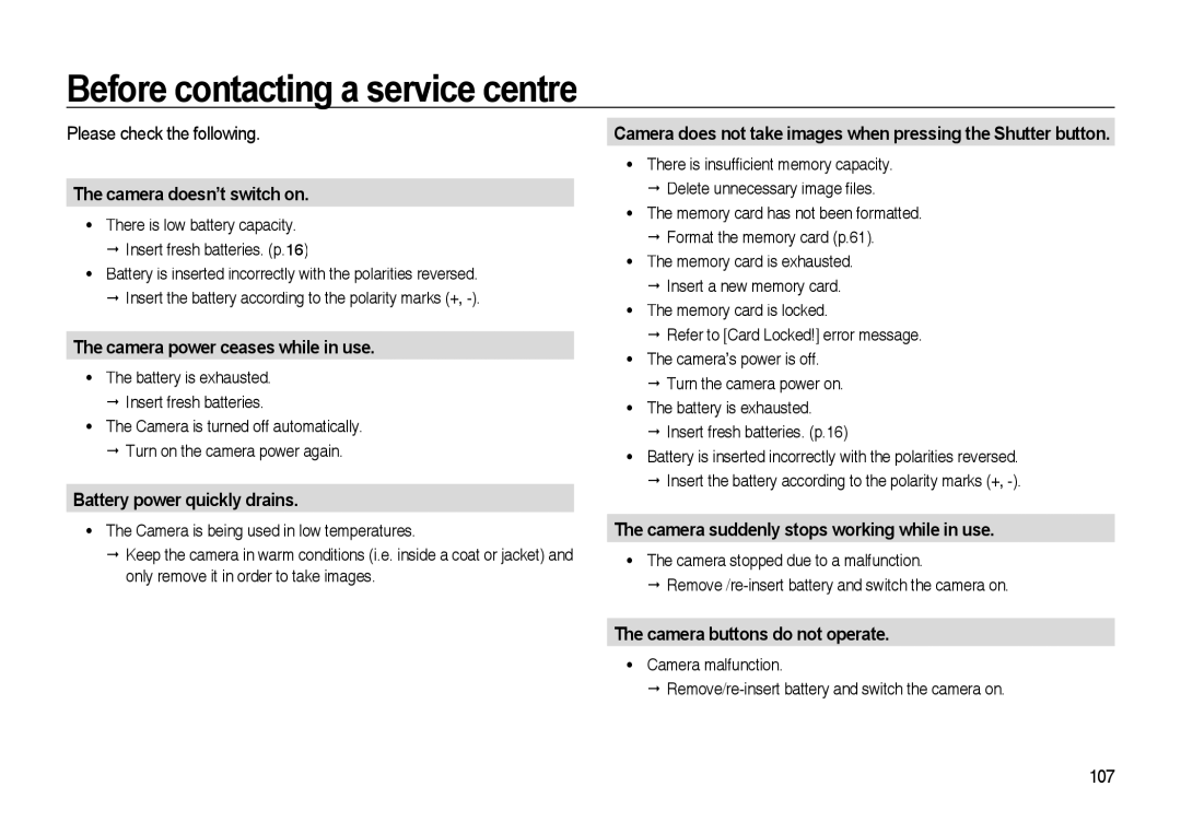 Samsung EC-I85ZZGBA/DE, EC-I85ZZRBA/E2, EC-I85ZZGBA/E2 manual Before contacting a service centre, Please check the following 