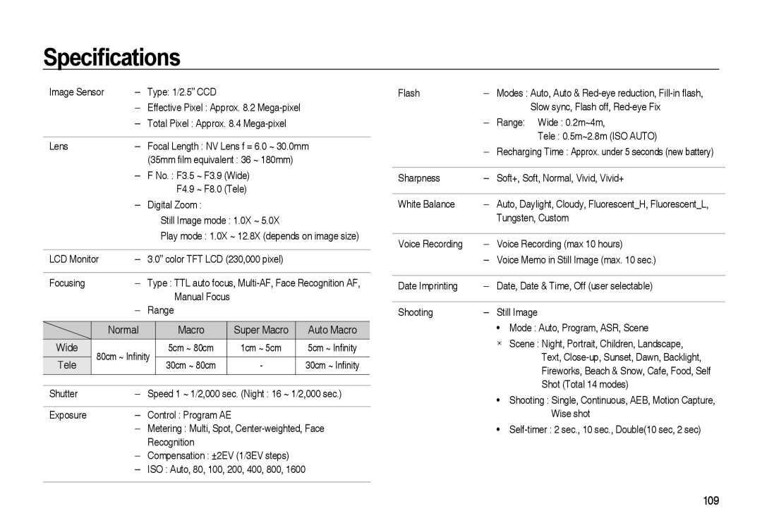 Samsung EC-I85ZZRBA/IT, EC-I85ZZRBA/E2, EC-I85ZZGBA/E2, EC-I85ZZBBA/E3, EC-I85ZZBBA/E1, EC-I85ZZRBA/E1 manual Speciﬁcations 