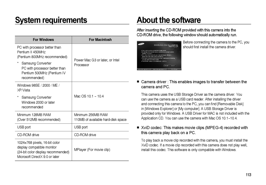 Samsung EC-I85ZZBBA/AS manual System requirements About the software, For Windows, USB port CD-ROM drive, For Macintosh 