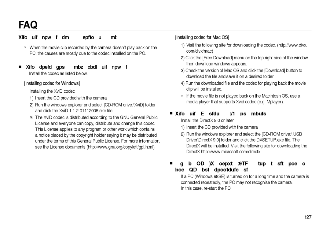 Samsung EC-I85ZZSBB/AS When the movie clip doesn’t play back on the PC,  When the DirectX 9.0 or later is not installed 