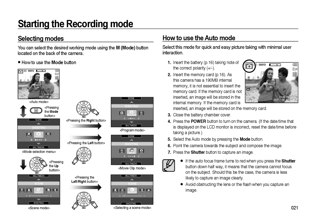 Samsung EC-I85ZZBBA/GB, EC-I85ZZRBA/E2, EC-I85ZZSAA Starting the Recording mode, Selecting modes, How to use the Auto mode 