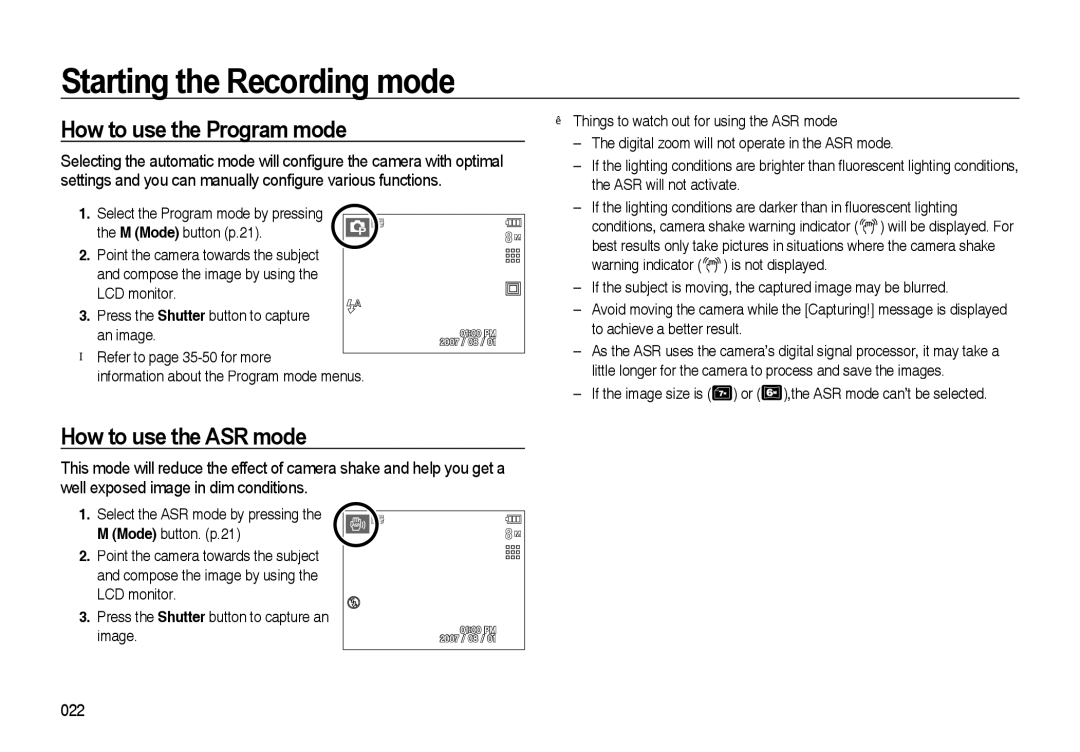 Samsung EC-I85ZZRBA/GB, EC-I85ZZRBA/E2, EC-I85ZZGBA/E2, EC-I85ZZBBA/E3 How to use the Program mode, How to use the ASR mode 