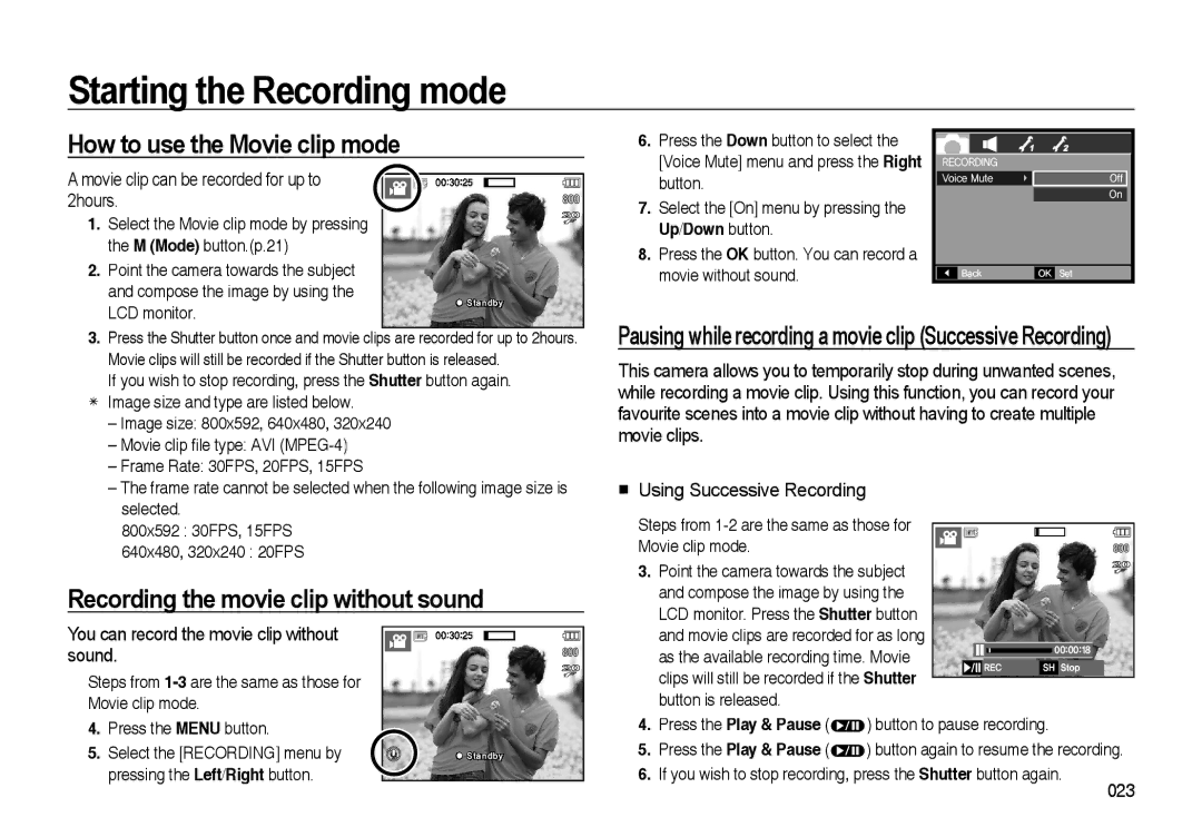 Samsung EC-I85ZZGBA/GB, EC-I85ZZRBA/E2, EC-I85ZZSAA How to use the Movie clip mode, Recording the movie clip without sound 