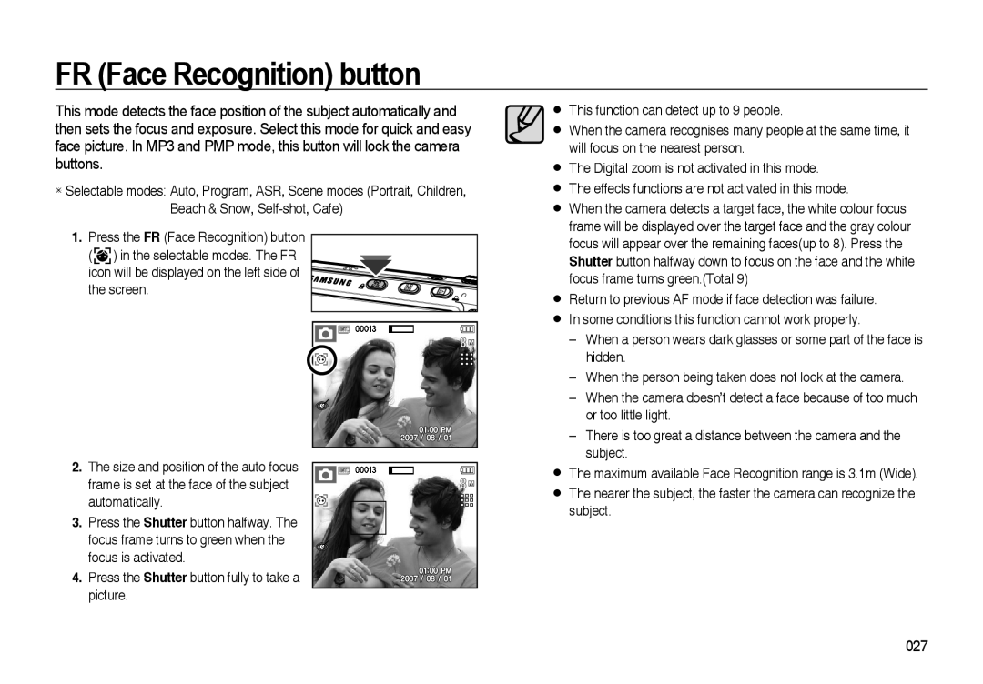 Samsung EC-I85ZZBBC/AS, EC-I85ZZRBA/E2, EC-I85ZZGBA/E2 FR Face Recognition button, Press the Shutter button fully to take a 