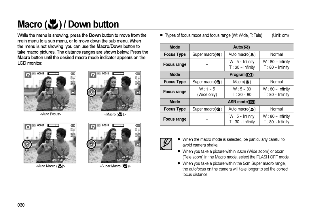 Samsung EC-I85ZZGBA/CA, EC-I85ZZRBA/E2, EC-I85ZZGBA/E2, EC-I85ZZBBA/E3, EC-I85ZZBBA/E1 Macro / Down button, Auto, Super macro 