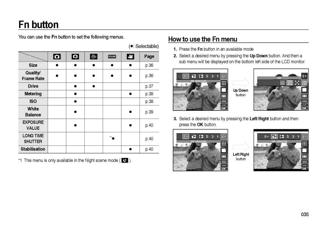 Samsung EC-I85ZZSBA/AU, EC-I85ZZSAA Fn button, How to use the Fn menu, This menu is only available in the Night scene mode 