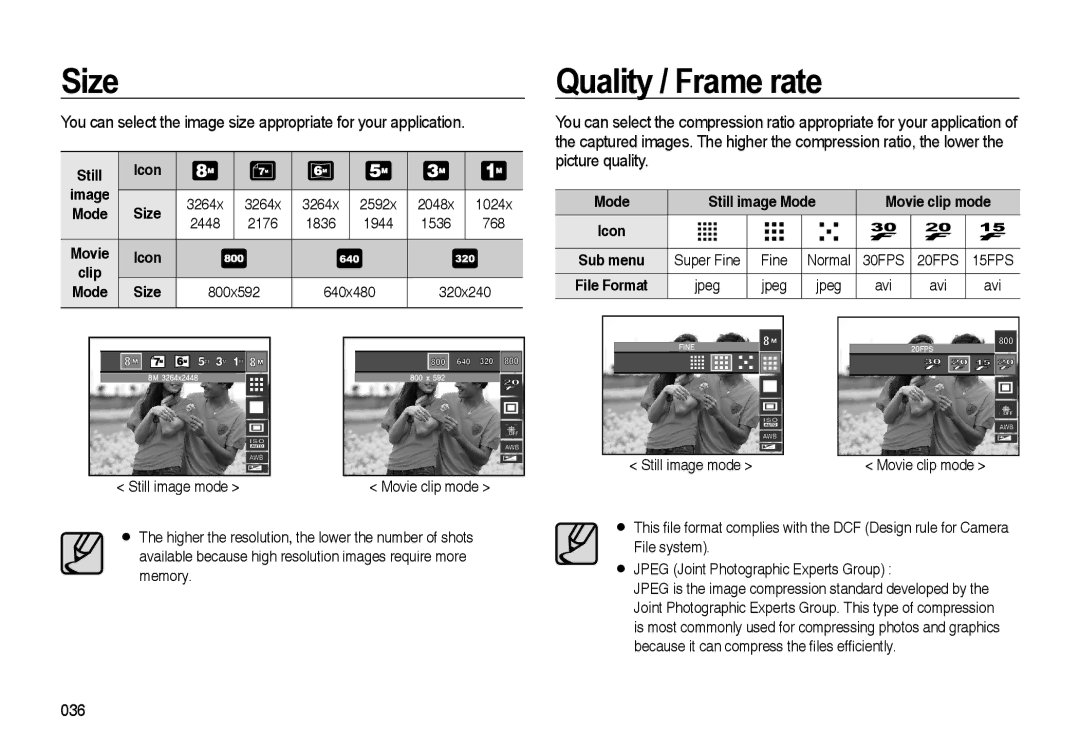 Samsung EC-I85ZZSBA/SP, EC-I85ZZRBA/E2, EC-I85ZZGBA/E2, EC-I85ZZBBA/E3 Size, Quality / Frame rate, Icon, Still image Mode 