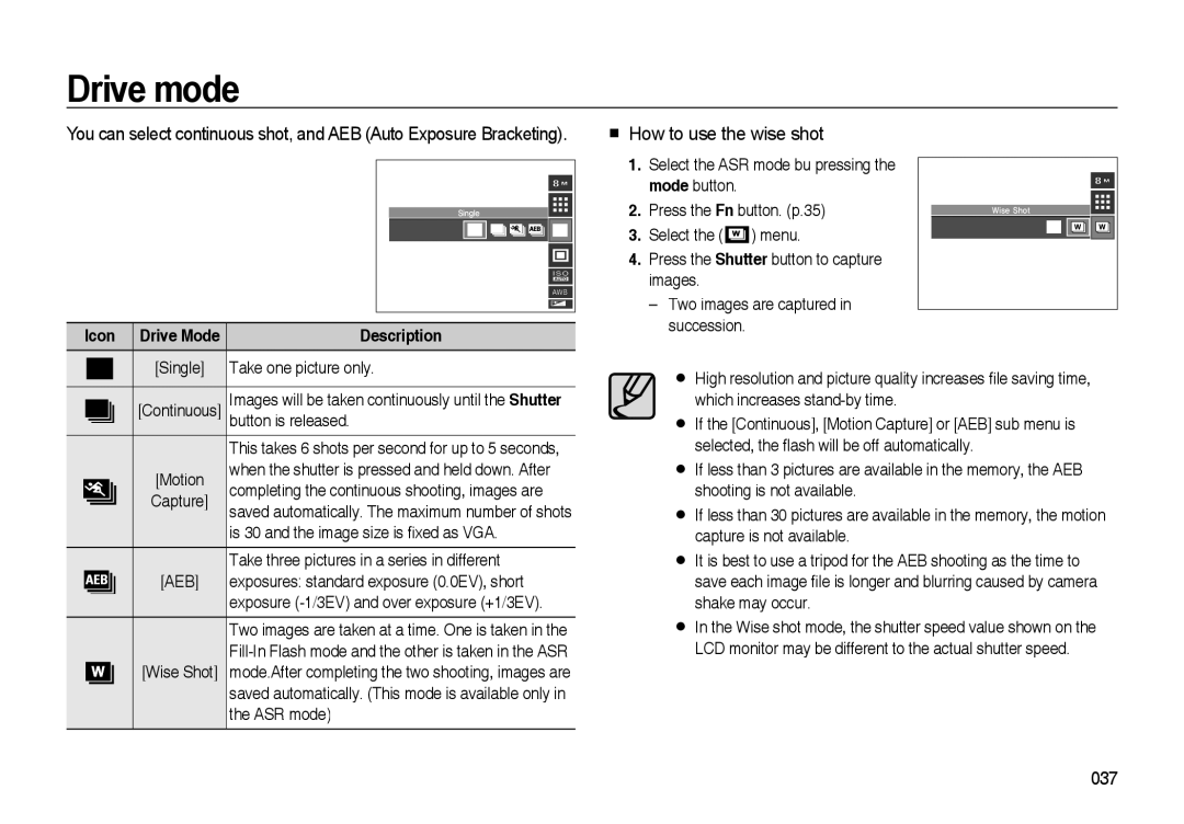 Samsung EC-I85ZZSWB/RU, EC-I85ZZRBA/E2, EC-I85ZZGBA/E2, EC-I85ZZBBA/E3, EC-I85ZZBBA/E1 Drive mode,  How to use the wise shot 