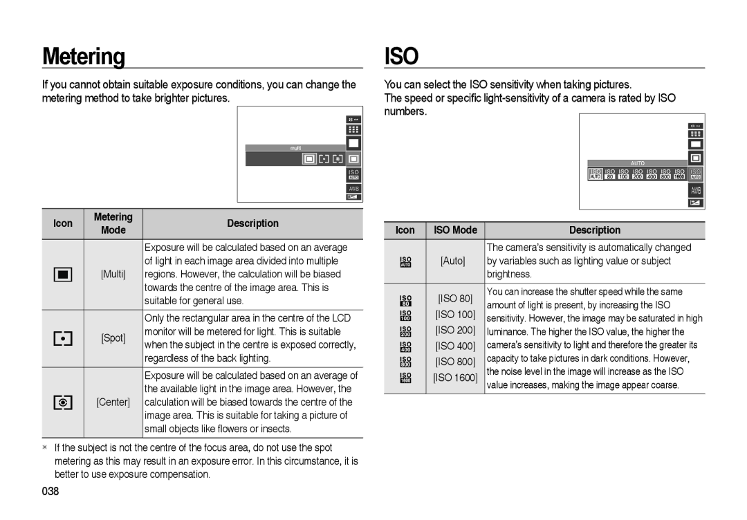 Samsung EC-I85ZZRBA/TW manual Metering, Regardless of the back lighting, Exposure will be calculated based on an average 