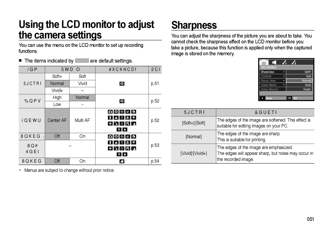 Samsung EC-I85ZZSSA/E1 manual Using the LCD monitor to adjust the camera settings, Sharpness, Sub menu Available mode, Off 