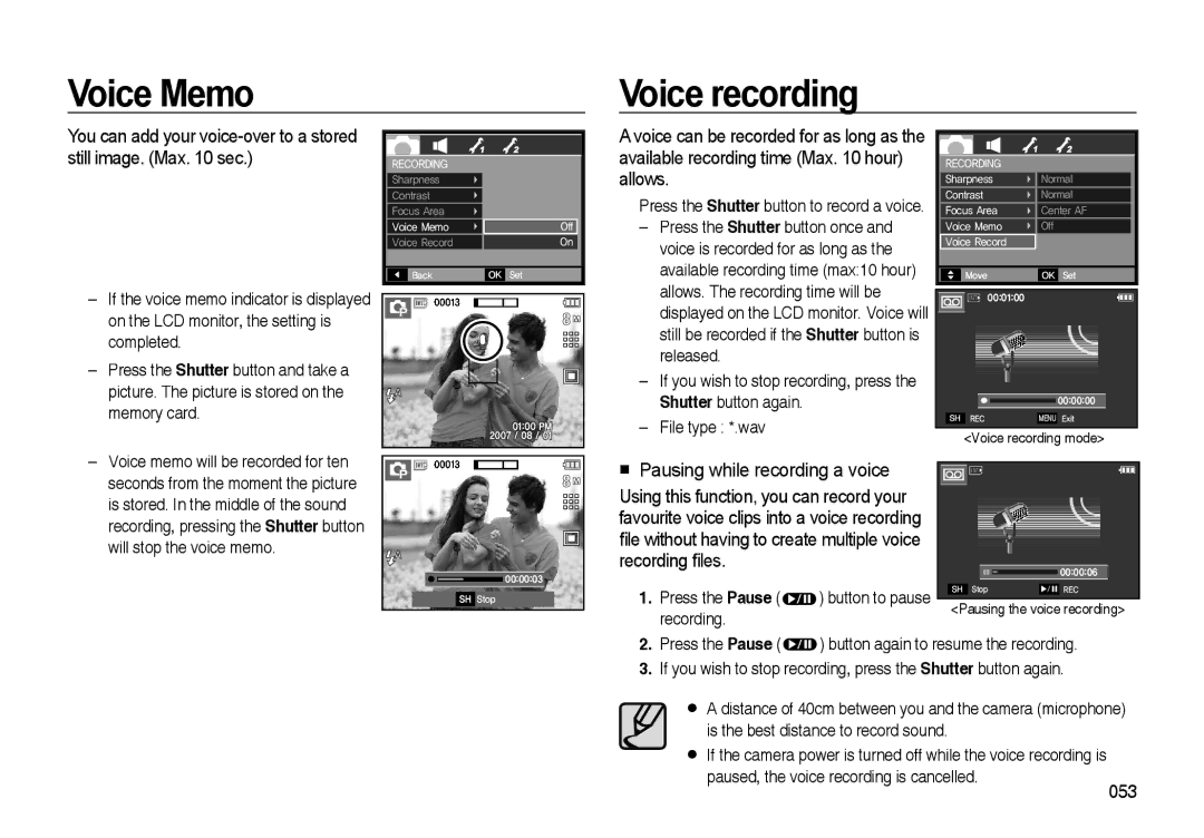 Samsung EC-I85ZZBBD/AS, EC-I85ZZRBA/E2, EC-I85ZZSAA Voice Memo Voice recording, Press the Pause, Button to pause, Recording 