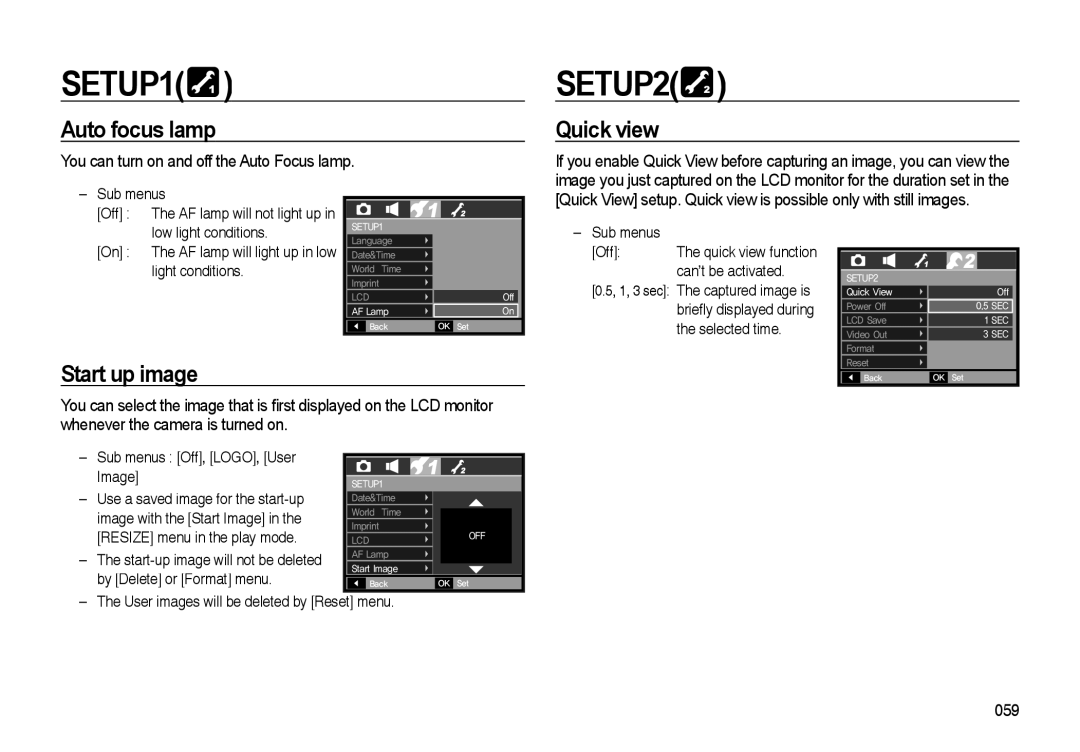 Samsung EC-I85ZZBWA/TW SETUP2, Auto focus lamp, Quick view, Start up image, You can turn on and off the Auto Focus lamp 