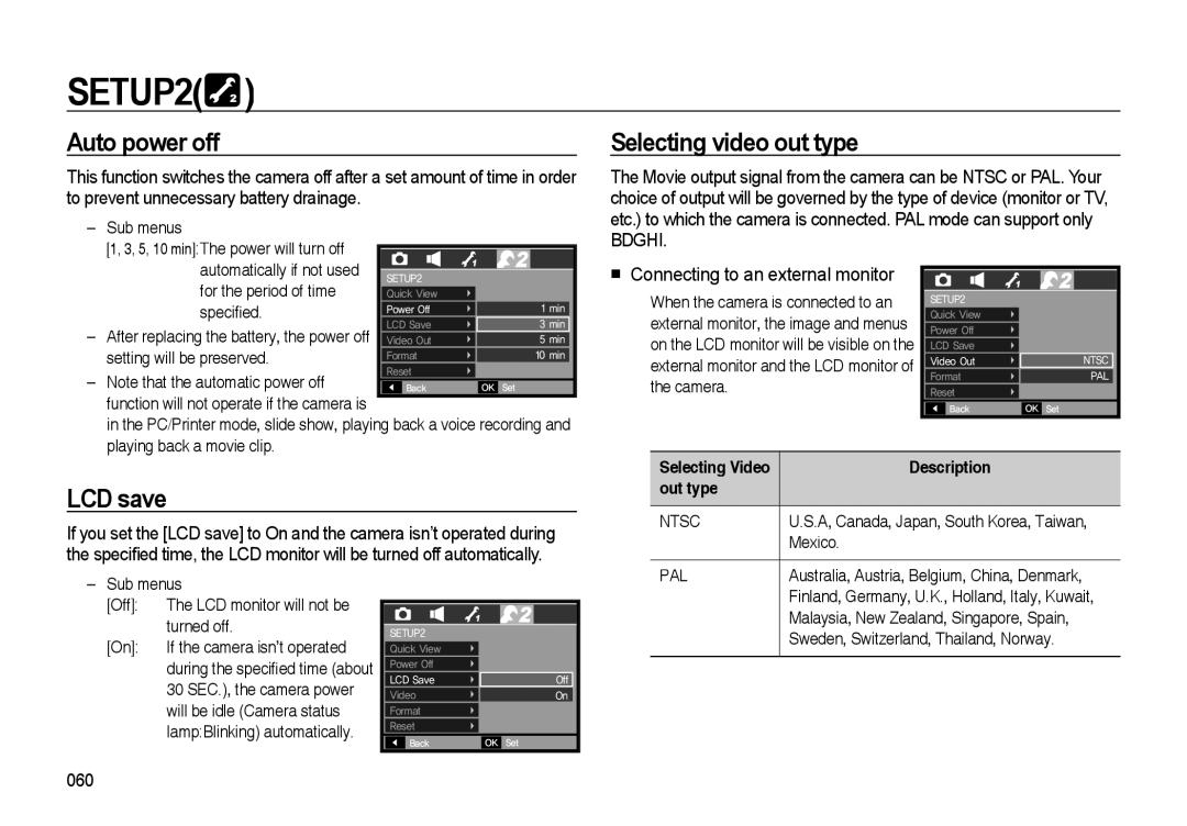 Samsung EC-I85ZZGAA manual Auto power off, Selecting video out type, LCD save, To prevent unnecessary battery drainage 