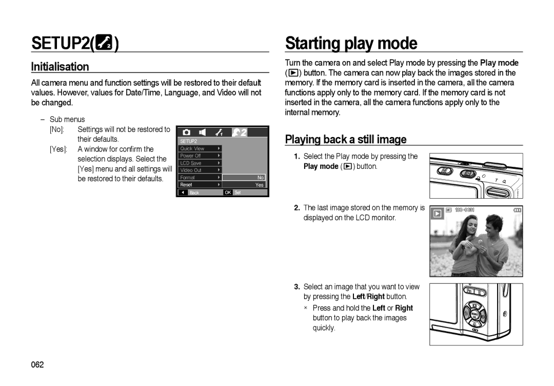 Samsung EC-I85ZZGBE/AS manual Starting play mode, Initialisation, Playing back a still image, Displayed on the LCD monitor 